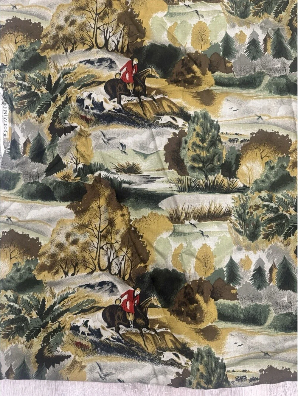 Vintage John Kaldor Fabric Fox Hunt Equestrian Scenic Print 43x38 Remnant